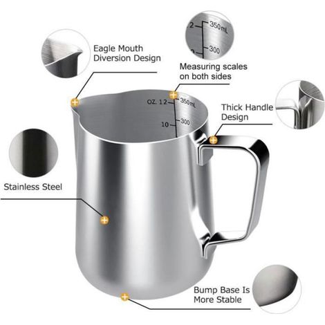 Pichet à lait en acier inoxydable 350ml - - Pot à lait pour faire des cappuccino café latte (1/4)