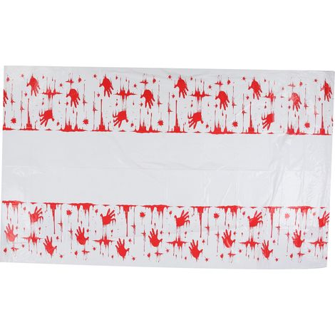 Nappe jetable en plastique avec empreintes de mains ensanglantées, bannière sanglante pour une fête d'horreur ou Halloween (1/5)