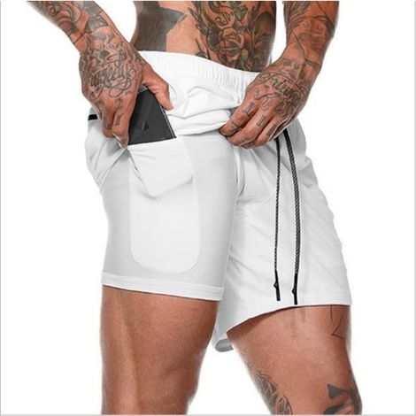 Short de running homme sport décontracté extérieur coupe ample double entrenement gym blanc taille M (1/2)