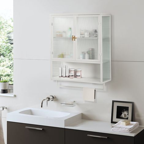 Armoire murale 60x23x78 cm blanche en métal et verre trempé avec 2 portes, étagère ouverte et porte-serviettes (1/5)