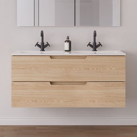 Meuble de salle de bain 120 cm double vasque - 2 tiroirs - sans miroir - roble era (chêne clair) - SONRIZA (1/5)
