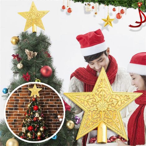 Sonderangebot Weihnachtsdekoration: 15 cm (5,9 Zoll) großer, flacher, goldglitzernder Stern für den Weihnachtsbaum. (1/4)