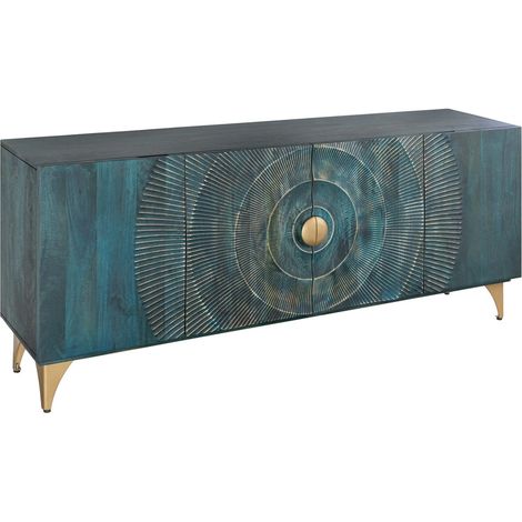 Buffet SOLARIS 180 cm aus massivem geschnitztem Holz in Blau und Gold – 4 Türen