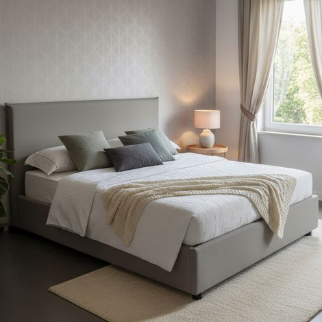 Talamo Italia Letto matrimoniale Azue, Letto contenitore con rivestimento in tessuto, 100% Made in Italy, Apertura frontale, adatto per materasso Cm 140x190, Grigio, con imballo rinforzato (1/5)
