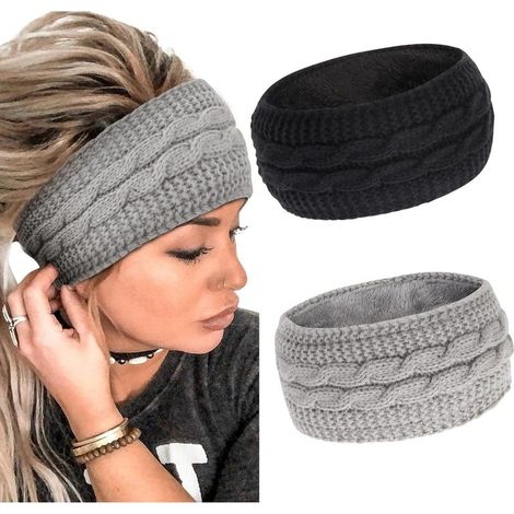 Lot de 2 bandeaux - Bandeau tricoté - Bandeau chaud - Accessoire cheveux - Idéal pour le sport des filles - Tissu - Noir/Gris clair (1/5)