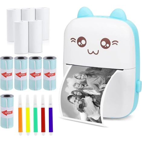 Imprimante d'étiquettes Thermiques avec Recharge USB - Imprimante Photo Portable sans Fil Bluetooth Compatible avec Android ou iOS avec 1 Rouleau de Papier Thermique (Bleu) (1/5)