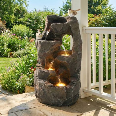 Gartenbrunnen Mit LED Unterwasserlicht Steinoptik 300 L h Pumpe Harz Grau Für Terrasse Balkon Ruhiges Plätschern 25,5×19×47 cm (1/5)