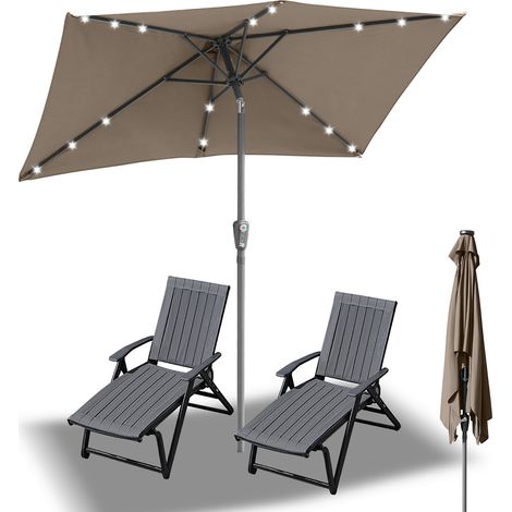 Randaco Parasol 140 × 210 cm UV50+, inclinable, sombrilla de jardín y playa con iluminación LED solar, lona con revestimiento PA, topo (1/5)