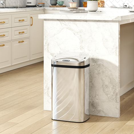 Poubelle de 30 litres avec capteur d'ouverture et de fermeture automatiques, 33 x 25 x 57,5 cm, argent (1/5)