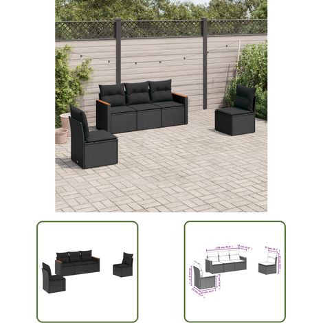 The Living Store 5-tlg. Garten-Sofagarnitur mit Kissen Schwarz Poly Rattan - Gartenmöbel - Outdoor Möbel - Rattan Sofa - Lounge Set - Gartenlounge