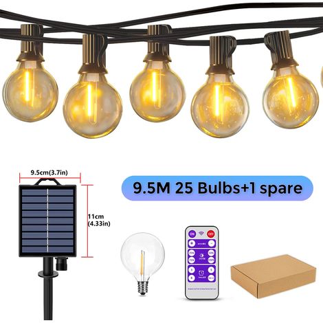 (9,5 m 25 LED) Guirlande lumineuse solaire d'extérieur, lampes de jardin G40, résistante aux intempéries, convient aux cours arrière. (1/5)