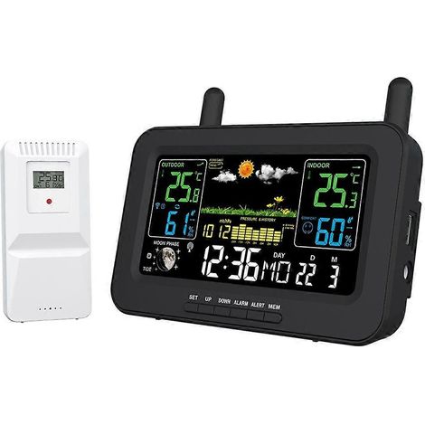 Digitale Wetterstation mit Farbbildschirm, Sonnenaufgangs- und Sonnenuntergangsanzeige, Thermometer und Hygrometer mit drahtlosem Außensensor, US-Stecker A (1/5)