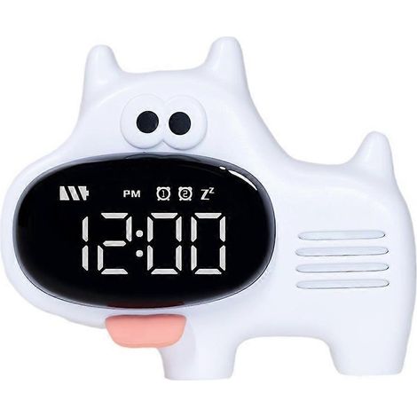 Réveil en forme de gros chien au nez large, sonnerie horaire, cinq alarmes, chargement USB, fonction snooze, blanc. (1/5)