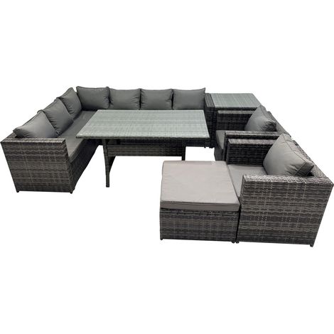 Fimous Outdoor PE Rattan Sofa Set with Dining Table Patio Garden Furniture Sets with Big Stool Side Table Dark Grey Mixed (1/5)