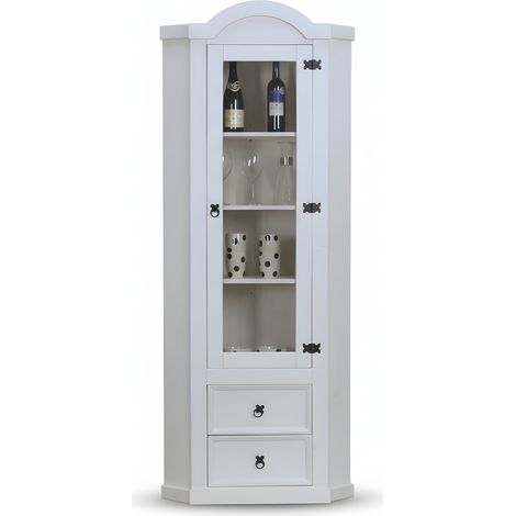 New Mexico Eckschrank mit 1 Glastür und 2 Schubladen, weiß gewachst.