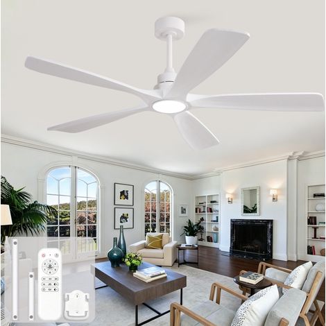 Ventilatore da soffitto 60 pollici con telecomando, 5 pale in legno massello, LED dimmerabile, metallo bianco (1/5)