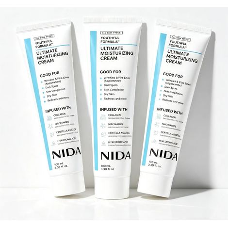 Die NIDA Ultimate Feuchtigkeitscreme (3er-Pack, je 100 ml), eine Feuchtigkeitscreme mit Kollagen und Niacinamid, eignet sich für feine Linien, dunkle Flecken und trockene Haut und ist für alle Hauttyp (1/4)