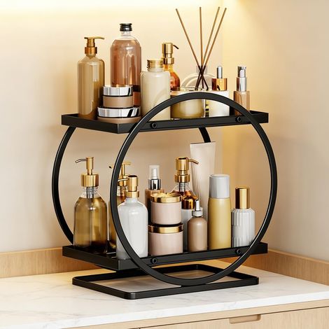 Tocador de maquillaje de 2 niveles, organizador de perfumes de metal para dormitorio y baño, con porta perfumes y estante, color negro (1/5)