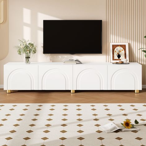 Meuble TV bas à relief incurvé, 4 portes, pieds métalliques ronds, meuble de rangement multifonction pour salon, structure panneau MDF et PB (1/5)
