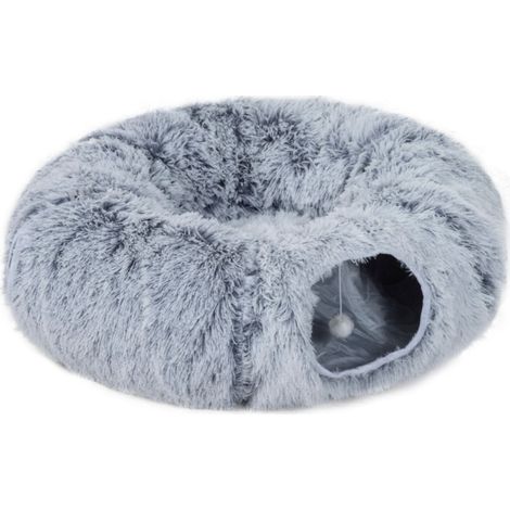 Niche-et-igloo-pour-chat-Tunnel-pliable-en-peluche-grise-avec-coussin-et-structure-métal-90x80x27(cm) (1/5)