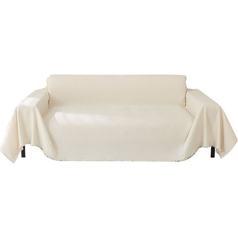 Ecksofabezug, 2-/3-Sitzer-Sofabezug, weißer Chenille-Sofabezug, Ecksofaschutz mit dekorativen Quasten, weiß, 180 x 300 cm