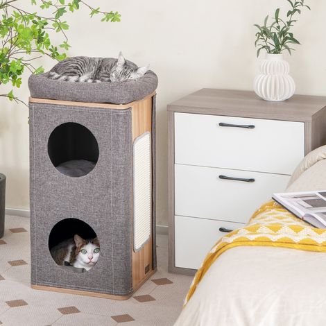 Arbre à Chat Rectangulaire à 3 Niveaux avec Couverture Amovible du Condo Tour à Griffer pour Chat avec Coussin en Peluche Naturel+Gris (1/2)