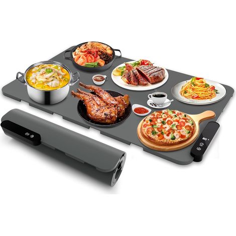 Plateau chauffant électrique enroulable avec 5 températures et 6 réglages de minuterie - Chauffage rapide - Pour fêtes, buffets, voyages (gris)
