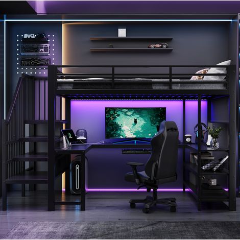 Letto soppalco gaming 120x200 cm metallo/MDF nero, scrivania U, senza materasso – MEUBLIV (1/5)