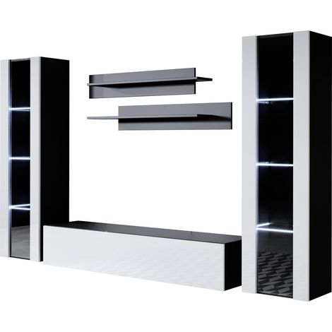 Mueble de salón con LED Composición de salón TV Mueble TV Conjunto de Salón Ancho 260cm Modelo Luke 8D Negro y Blanco Acabado brillo