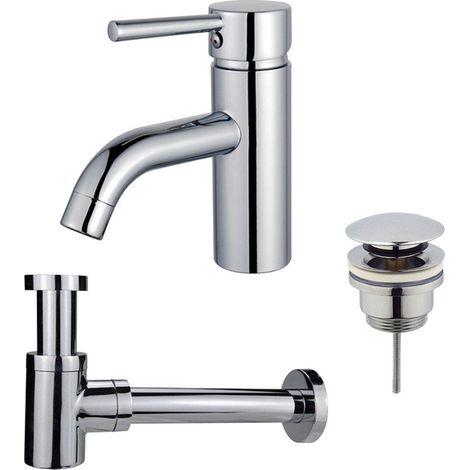 Fortifura Calvi Kit mitigeur lavabo - robinet bas - bonde clic clac - siphon design bas - Chrome brillant