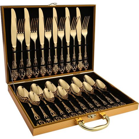 (Ensemble de 24 pièces - doré) Coffret en bois de couverts en acier inoxydable, couverts et cuillères de style rétro européen en relief (1/5)