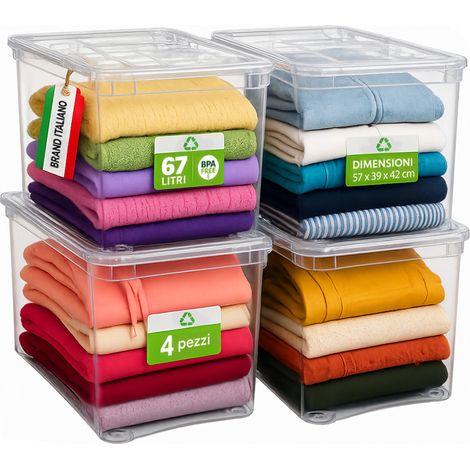 4 Pezzi Storage Box Marea Contenitori Trasparenti Plastica 67L x 4Pz 57x39x42cm (1/5)