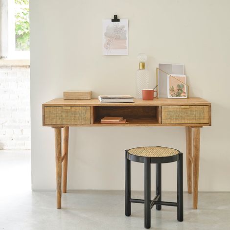 Berah Getah – Bureau droit en manguier massif – 120 cm x 50 cm x 78 cm – 2 tiroirs amovibles et 1 niche – Finitions cannage vintage (1/5)