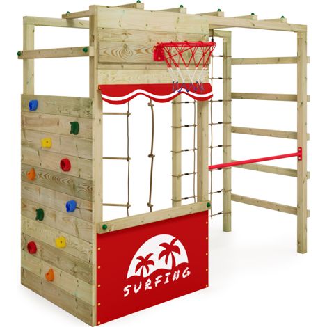 Estructura de escalada de madera Wickey Smart Action con Canasta de baloncesto en rojo