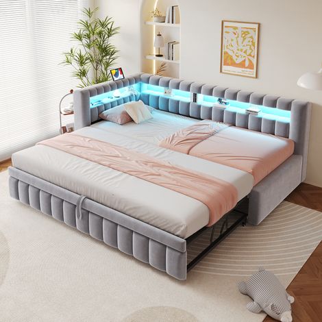 Lit superposé. Canapé-lit convertible, 90 x 200 cm. Éclairage LED intégré. Cadre de lit et tête de lit spacieux. Motif à rayures classiques. Port de chargement USB. Tissu : Gris clair. (1/5)