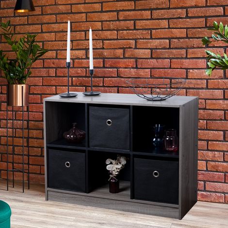 Holzregal Aufbewahrungsregal Standregal mit 6 Fächern Bücherregal 6x Faltboxen schwarz grau, Stoffboxen, BxHxT 80x60x30 cm