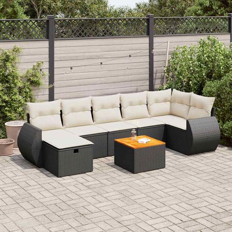 Ensemble Jardin 8 Places Résine Tressée Noir avec Coussins Crème - Salon Extérieur Modulaire avec Table Acacia et Rangement Intégré (1/5)