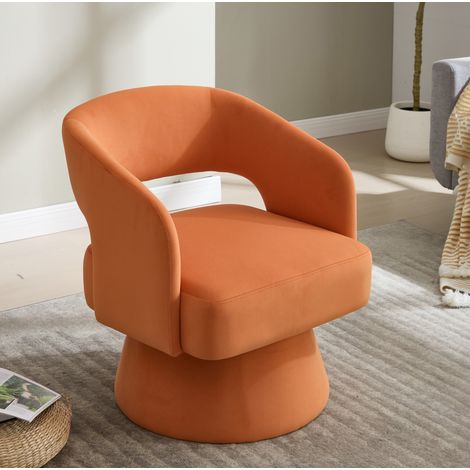 Fauteuil pivotant 360° en tissu aspect velours orange, base métallique, 68x66x75 cm (1/5)