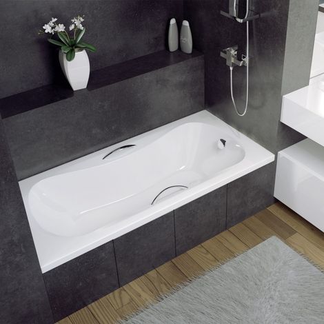 ECOLAM® Badewanne 150x70 cm + 2 Handgriffe Wanne Aria Rechteck Acryl weiß + Ablaufgarnitur Füße Silikon Set