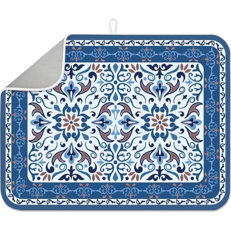 Tapis de séchage à vaisselle marocain 45 x 60 cm - Motif floral vintage - Tapis de séchage à carreaux géométriques bleus et marron - Tapis de séchage pour comptoir de table, évier, bar à café (1/5)