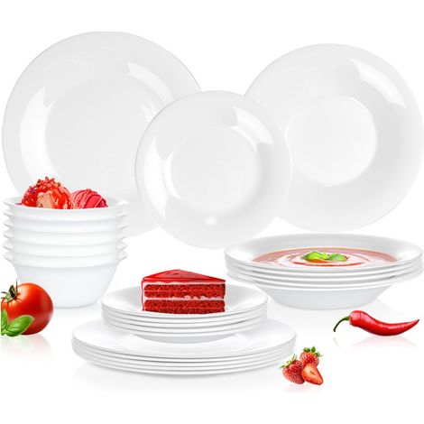 Set de vaisselle - Blanc - 24 pièces - verre opalin - 6 personnes - Assiettes creuses - Assiettes plates - Assiettes à dessert - Bols (1/5)