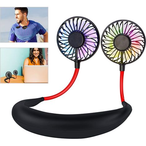 Ventilateur de cou portable USB, mini ventilateur rechargeable, ventilateur de cou à double tête, 3 vitesses, idéal pour le camping et les activités de plein air. (1/4)