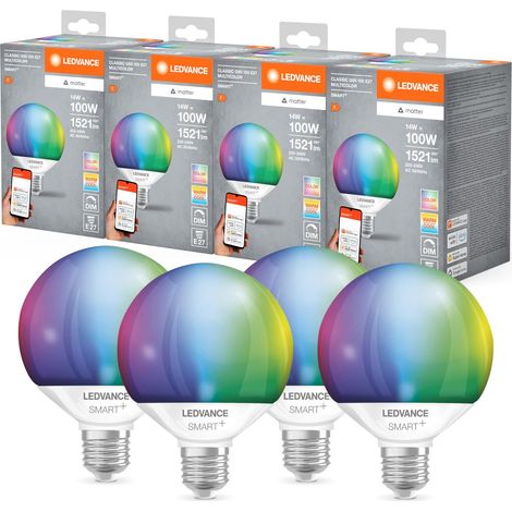 Ledvance Lampada Led Smart+ Matter, Smerigliata, 14W, 1521Lm, Forma a Globo E27, Luce Colorata e Luce Bianca, Compatibile con Google, Alexa, Apple, App o Controllo Vocale, 20.000 Ore,Conf. Da 4 (1/4)