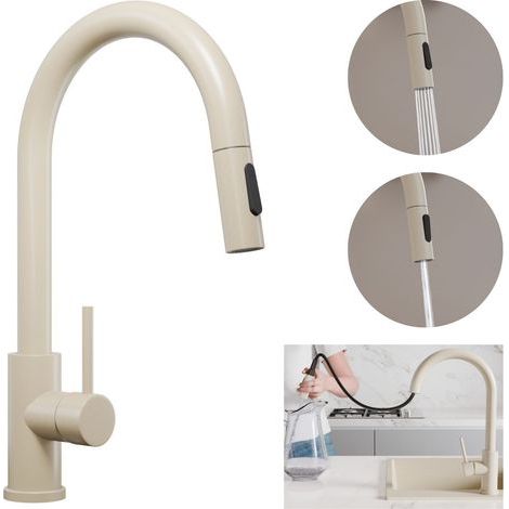Mitigeur de cuisine — Douchette extractible — Rotation à 360° — 2 modes de jet — Conception économe en eau — Matériau : acier inoxydable. (1/4)