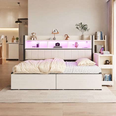 CHICFURN Cama individual 90x200 cm de metal blanco con escritorio deslizante, almacenaje y LED (1/5)