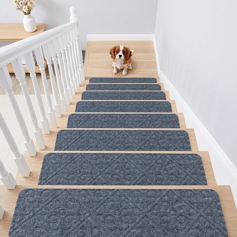 Lot de 15 Marchettes d'Escalier Antidérapant 20 x 76 cm, Tapis de Protection Autocollants avec Adhésif Réutilisable(Gris Clair) (1/5)