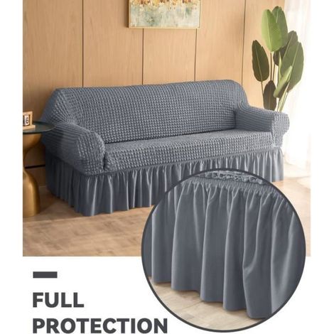 Housse de canapé extensible 3 places avec accoudoirs - Gris, pour canapé 190–230 cm (92% polyester / 8% spandex) (1/4)