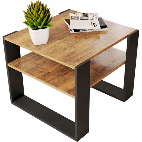 Mesa de centro Lancelot/negra 55x55cm estilo loft retro con banco (1/5)
