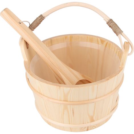 1 Seau, louche, bois, 6 litres, poignée unique, résistance chaleur, pour sauna hammam spa (1/5)