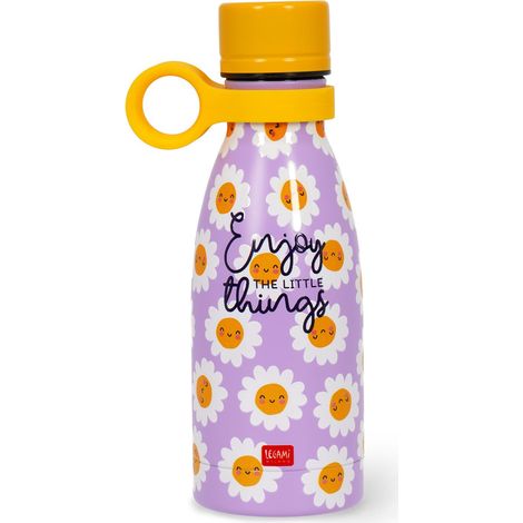 Legami - Vacuum Bottle Hot & Cold Mini, Borraccia Termica Leggera e Resistente, Chiusura Ermetica, Manico in Silicone Removibile, in Accaio Inox, capacità 300 ml, Tema Daisy (1/4)